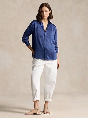 Polo Ralph Lauren Relaxed Fit Crinkled Satin Shirt button up long sleeve blue 18